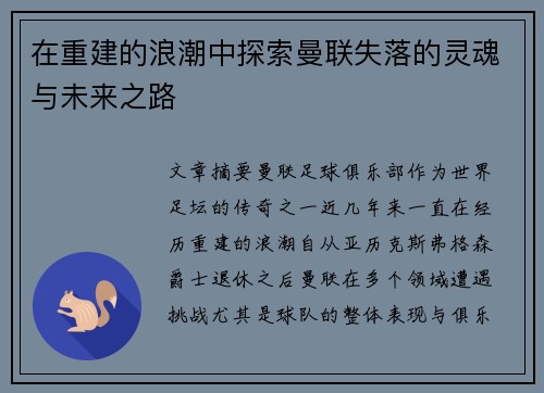 在重建的浪潮中探索曼联失落的灵魂与未来之路